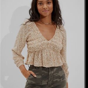 American Eagle Outfitters Beige Floral Peplum Blouse